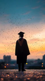 Graduate stands beneath sunset sky as confetti drifts.