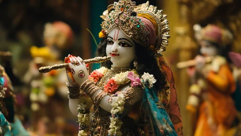Ornate Hindu deity statue plays flute amid golden shrine