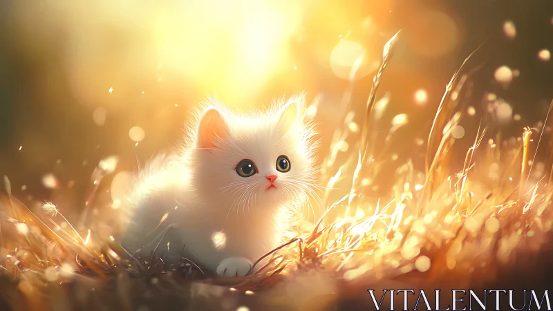 Fluffy white kitten under golden sunset bokeh glow.
