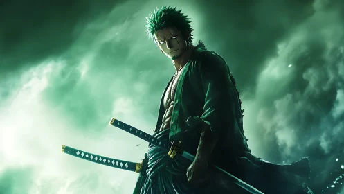 Storm-lit swordsman carves a green horizon of quiet menace