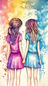 Watercolor sketch girls holding hands against rainbow wash.