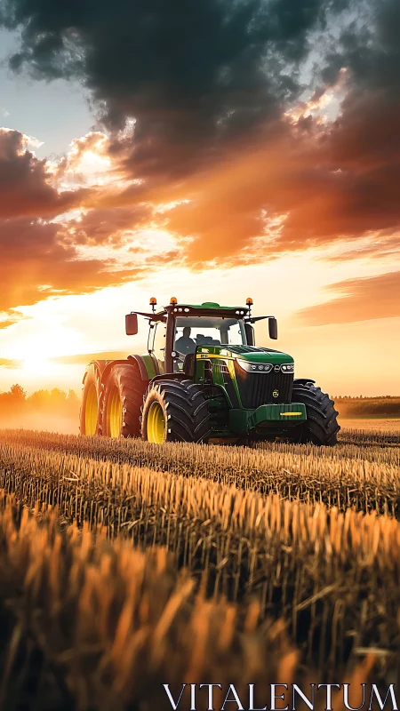 Modern green tractor advances through golden harvested field at dusk