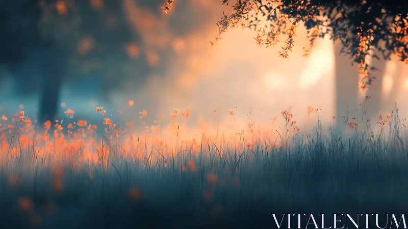 Backlit meadow renders atmospheric depth in soft focus