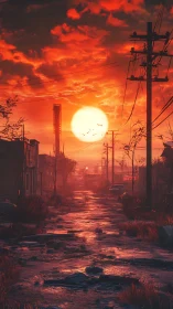 Fiery post-apocalyptic sunset floods a ruined city street.