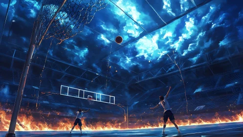 Sky-lit arena with players framed by fire and cloudscape.