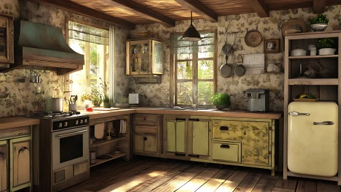 Sunlit rustic kitchen interior with aged wood cabinetry and decor