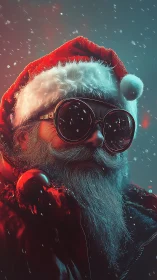 Futuristic Santa portrait with neon bokeh lighting and snow.