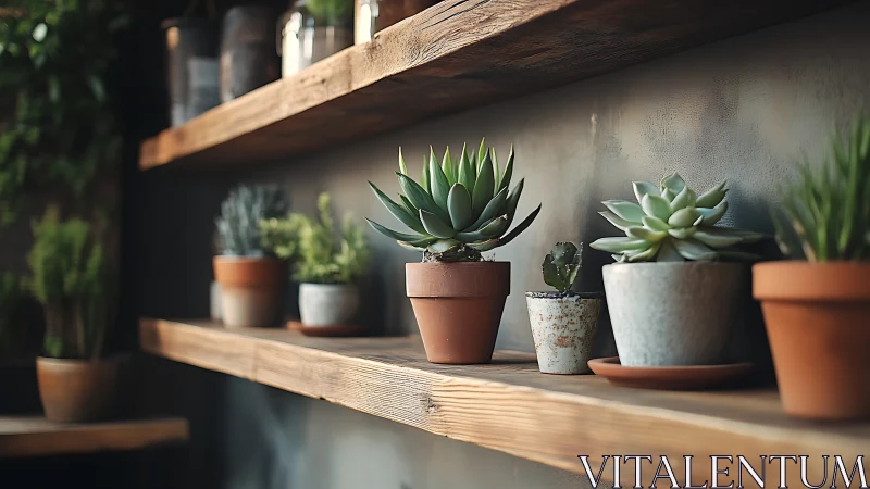 Succulent collection on rustic wooden floating shelves in studio.
