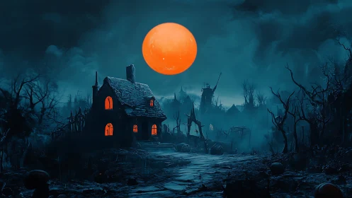 Digital painting of haunted cottage under oversized blood moon.