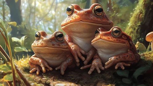 Digital painting of three forest frogs in soft rim lighting.
