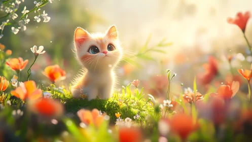 Adorable Kitten Exploring a Blooming Flower Garden