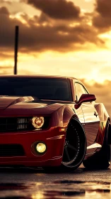 Sunset-lit red muscle car with glossy wet asphalt reflections.