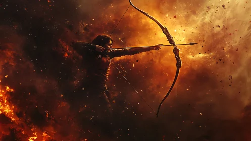 Archer draws flaming bow amid swirling battlefield inferno