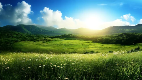 Sunlit mountain meadow with lush green valley panorama.