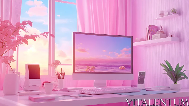 Minimalist pink workspace glows under pastel sunset light