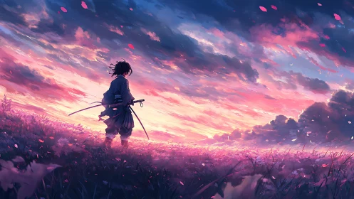 Samurai dreamer standing in a glowing sunset flower field.