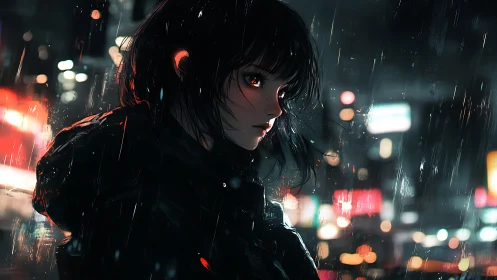 Cyberpunk rain-soaked girl in neon cityside profile view