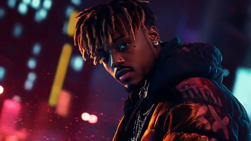 Moody portrait of stylish man in neon city at night.