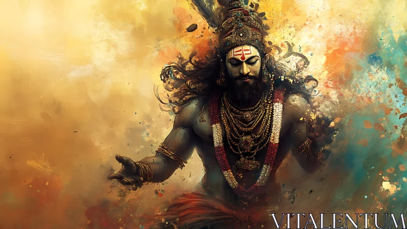 Mythic warrior deity amid dynamic saffron and teal nebula