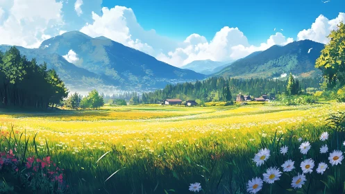 High-fidelity alpine meadow panorama with stratified depth cues.