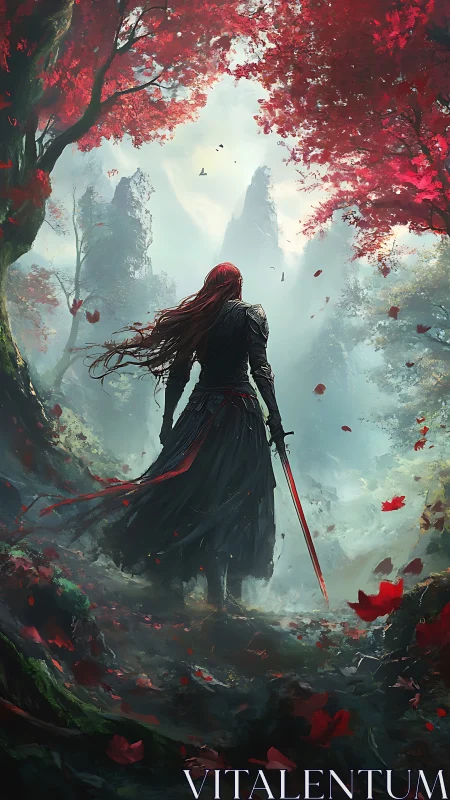 Solitary armored figure with sword in red forest landscape.
