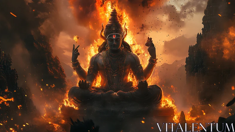 Fiery meditative deity sits within erupting volcanic inferno