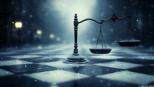 Snow‑covered balance scale stands on deserted chessboard