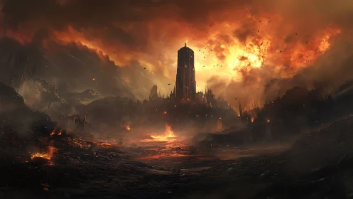 Dystopian cityscape rendered with architectural structures engulfed in flames