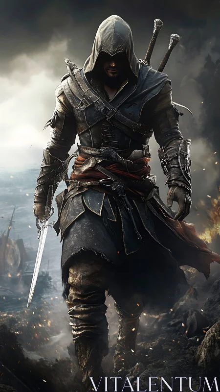 Hooded rogue in layered leather armor strides through burning coast