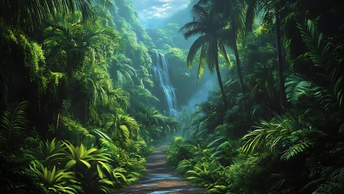 Tropical rainforest landscape with waterfall and river.