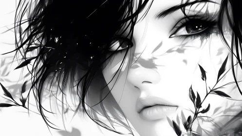 Monochrome anime portrait with botanical shadow overlays.