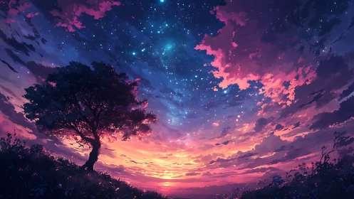 Lone tree watches a radiant star-filled twilight sky glow.