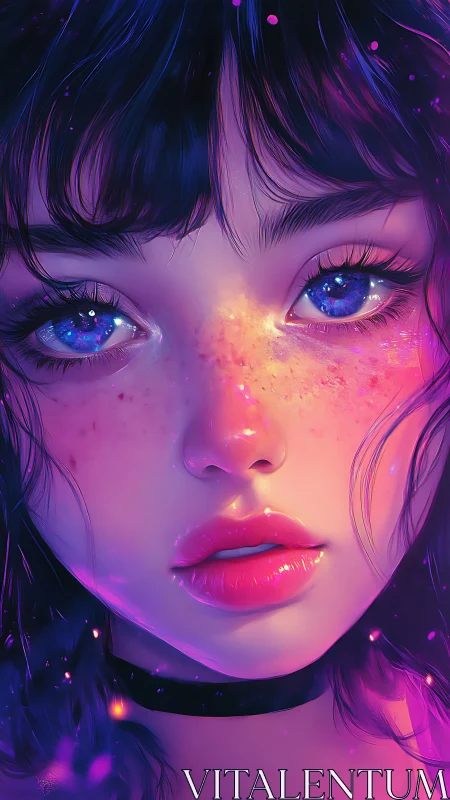 Neon lit portrait shows girl with cosmic violet blue eyes