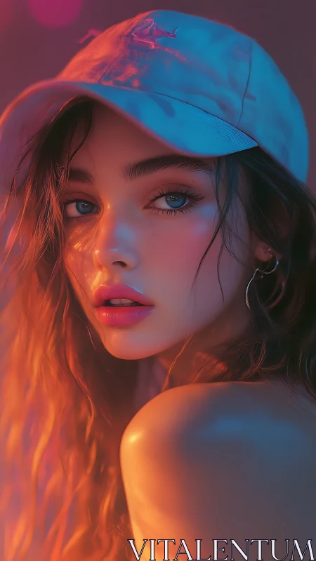 Neon rim-lit portrait of young woman in cap, shallow focus