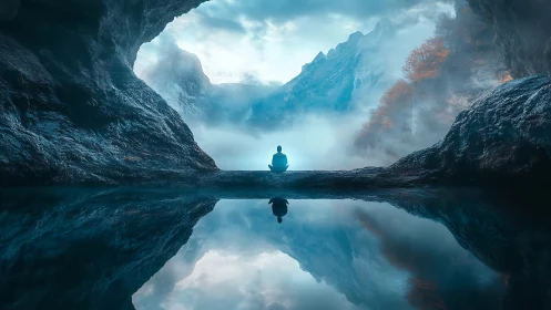 Solitary meditative figure anchors symmetrical cave reflection