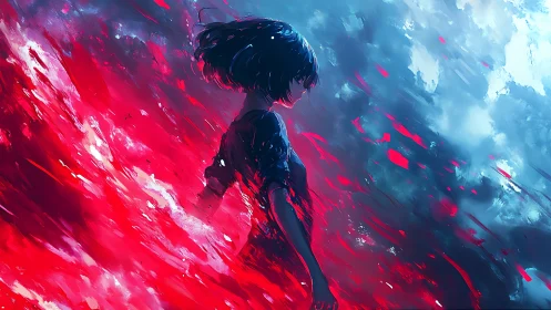 Solitary silhouette between raging red and frozen blue.