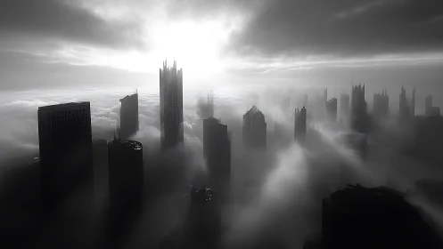 Fog covered futuristic city skyline at dramatic sunrise.