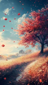 Autumn hillside path with drifting foliage under dynamic sky.