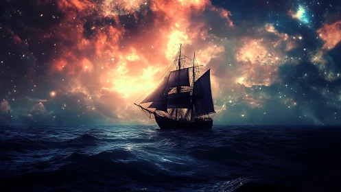 Starlit tall ship sailing beneath radiant cosmic nebula sky.