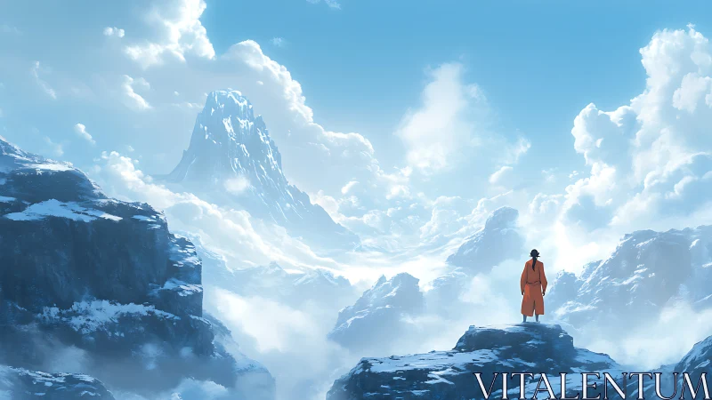 Solitary traveler overlooks luminous snowbound mountain range.