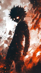 Fiery-eyed silhouetted antihero in explosive inferno backdrop.