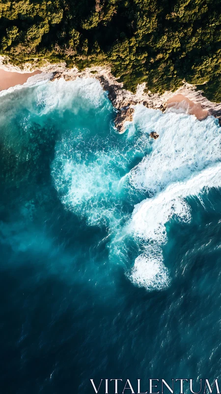 Aerial coastal surf impact on rocky shoreline and forest margin