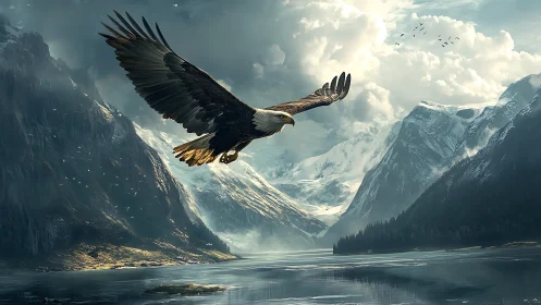 Raptor in dynamic glide over glacial fjord atmosphere.