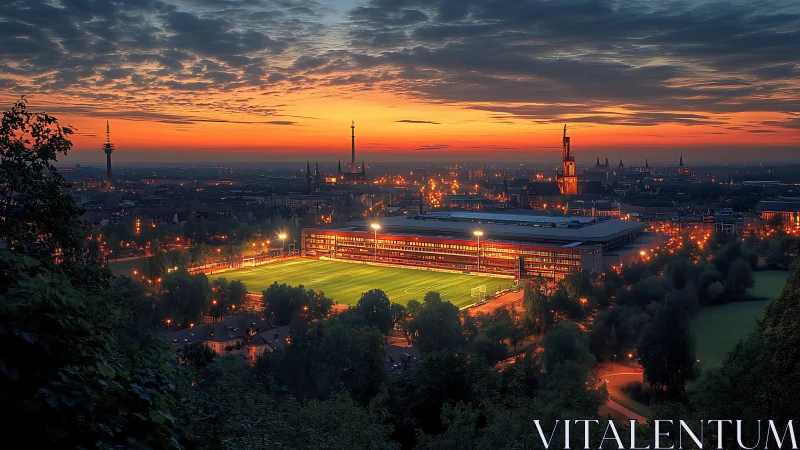 Illuminated urban football stadium contrasts with dusk skyline