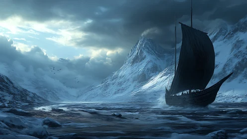 Viking longship cuts through icy fjord beneath storm-laden sky