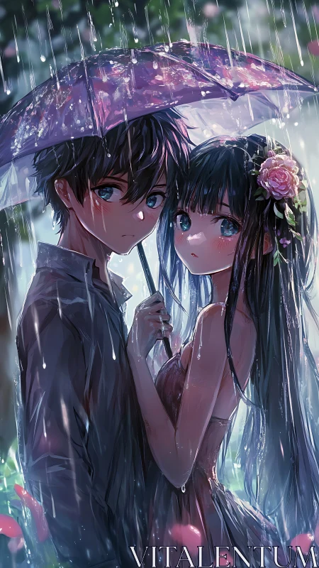 Anime couple under purple umbrella in soft rainstorm scene.