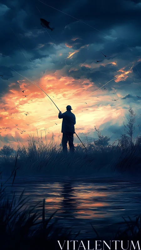 Sunset sky glows as a lone angler quietly greets the river