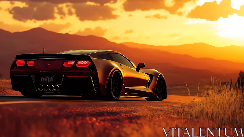 Sunset highway supercar poised against glowing hillsides.