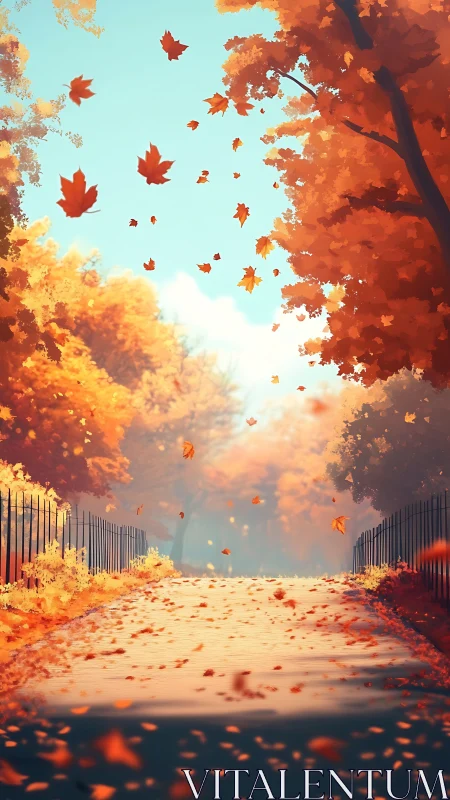 Golden autumn path with dancing leaves and gentle sunshine.