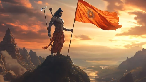 Mythic warrior crowns the horizon with a blazing saffron flag.